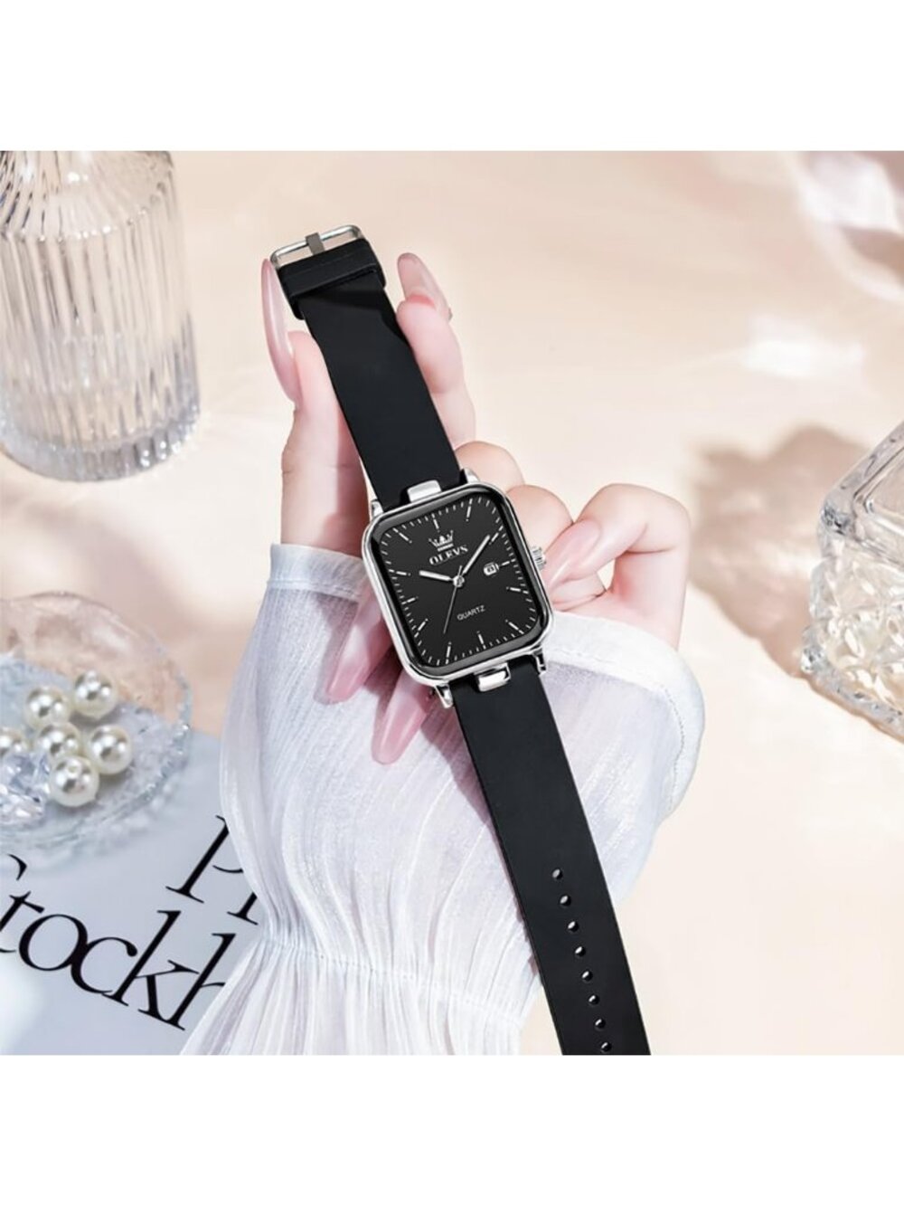 Women's Silver Black Square Silicone Band Waterproof Luxury Elegant Casual Watch - Picture 4 of 5